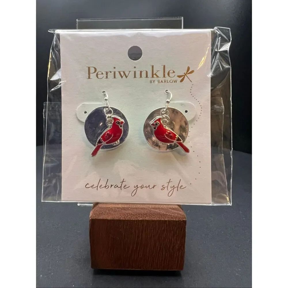 New! Periwinkle by Barlow Silver Tone Disc Red Cardinal  Drop Earrings